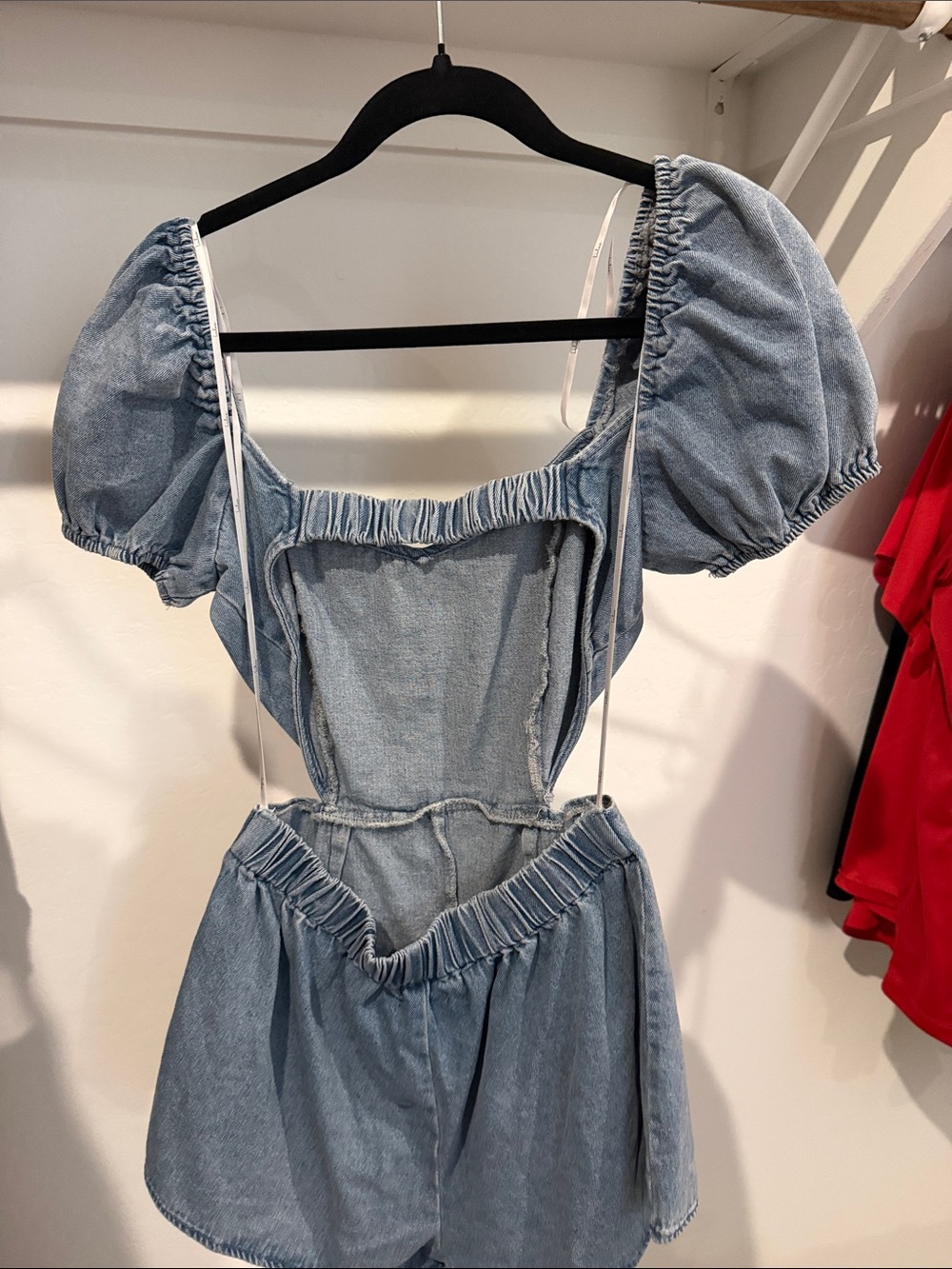 Lulus Blushing Beauty Light Wash Denim Puff Sleeve Romper Blue - Size M - Picture 3 of 3
